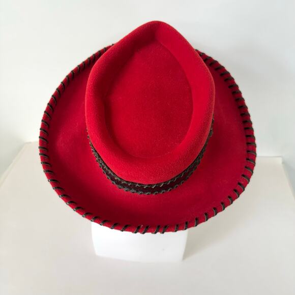 Eric Javits Vintage Red Wool Hat Whipstitch Black Leather Trim OS Western Cowboy main image 8
